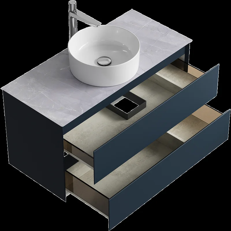 Подвесная тумба с накладным умывальником Aqwella Geometria 100см, с двумя ящиками, цвет серый, со столешницей серый камень