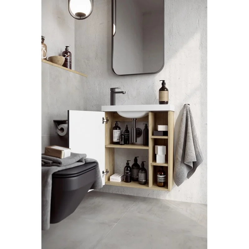 Тумба под раковину Aqwella Alba ALB0106LLS+ALB0706GRМ/ALB0106RLS+ALB0706GRМ, 60 см, подвесная, светлый камень/серый, чаша раковины слева/справа