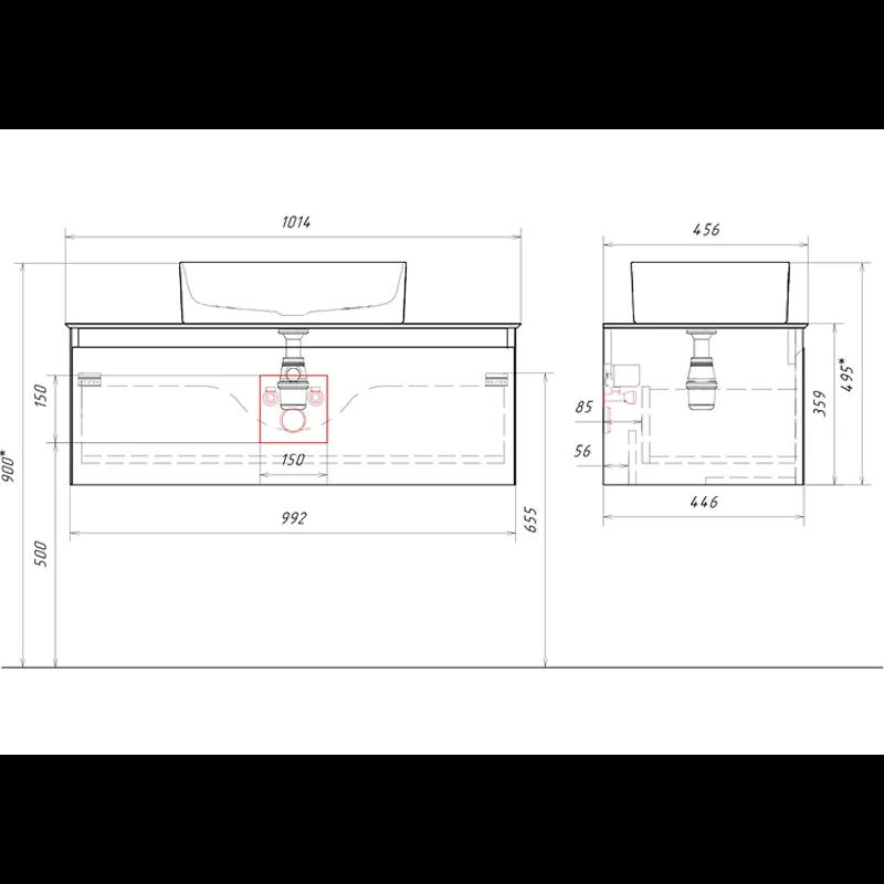 Подвесная тумба с накладным умывальником Aqwella Geometria 100см, с одним ящиком, цвет серый, со столешницей серый камень