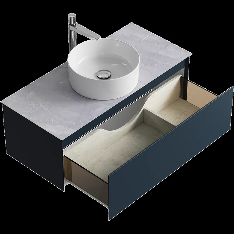 Подвесная тумба с накладным умывальником Aqwella Geometria 100см, с одним ящиком, цвет серый, со столешницей серый камень