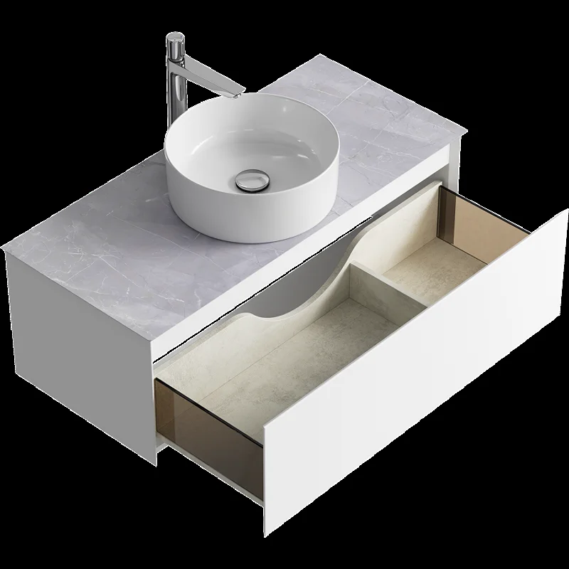 Подвесная тумба с накладным умывальником Aqwella Geometria 100см, с одним ящиком, цвет белый, со столешницей серый камень
