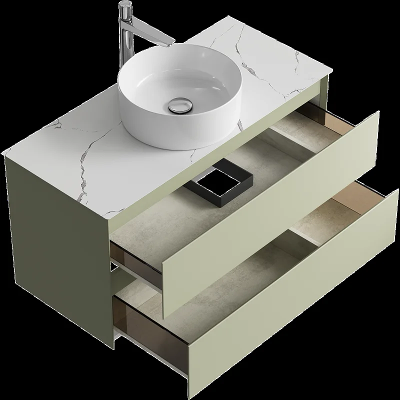 Подвесная тумба с накладным умывальником Aqwella Geometria 100см, с двумя ящиками, цвет зеленый шалфей, со столешницей мрамор белый