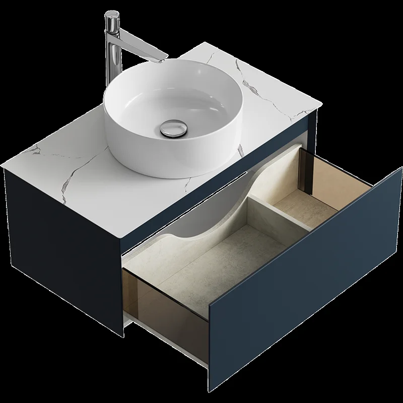 Подвесная тумба с накладным умывальником Aqwella Geometria 81см, с одним ящиком, цвет серый, со столешницей мрамор белый