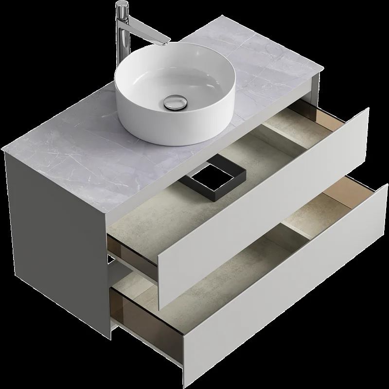Подвесная тумба с накладным умывальником Aqwella Geometria 100см, с двумя ящиками, цвет серый туман, со столешницей серый камень