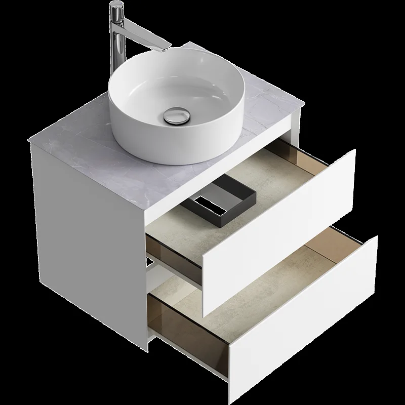 Подвесная тумба с накладным умывальником Aqwella Geometria 65см, с двумя ящиками, цвет белый, со столешницей серый камень