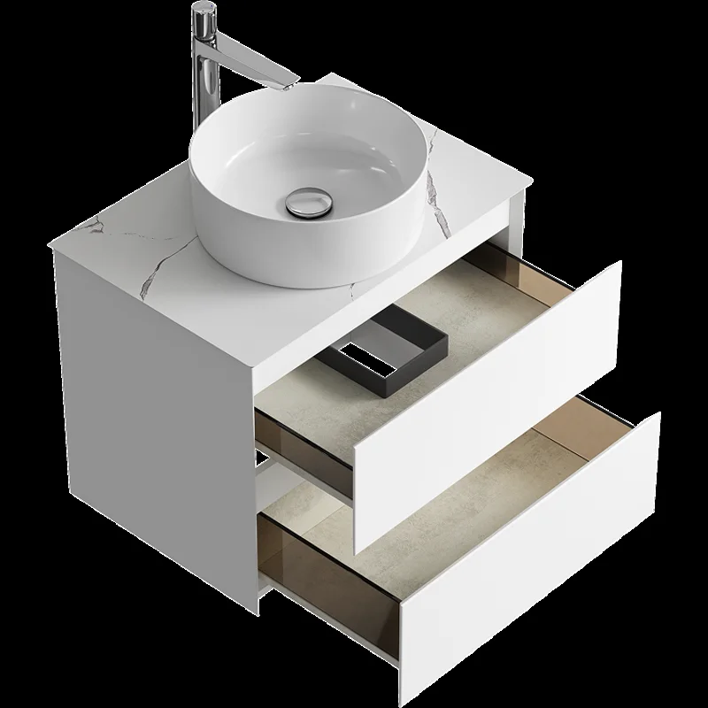 Подвесная тумба с накладным умывальником Aqwella Geometria 65см, с двумя ящиками, цвет белый, со столешницей мрамор белый