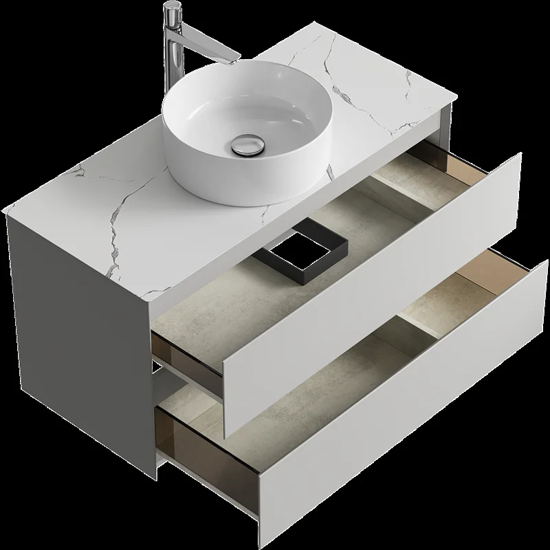 Подвесная тумба с накладным умывальником Aqwella Geometria 100см, с двумя ящиками, цвет серый туман, со столешницей мрамор белый