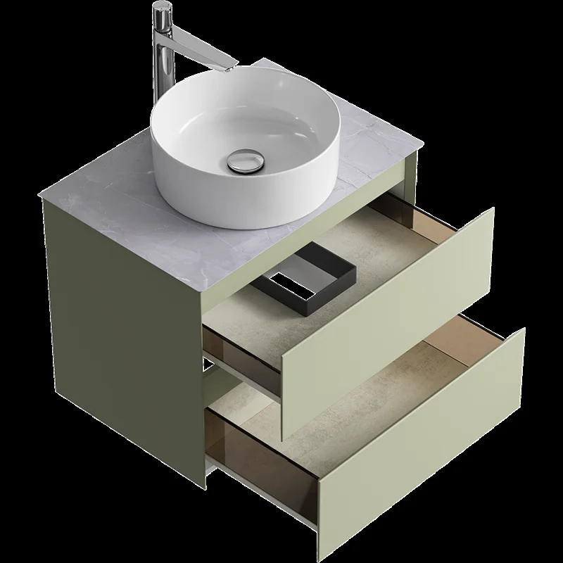 Подвесная тумба с накладным умывальником Aqwella Geometria 65см, с двумя ящиками, цвет зеленый шалфей, со столешницей серый камень