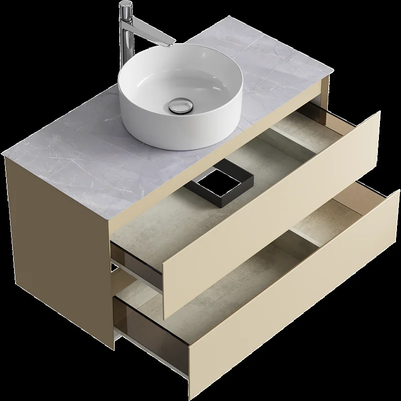 Подвесная тумба с накладным умывальником Aqwella Geometria 100см, с двумя ящиками, цвет морская дюна, со столешницей серый камень
