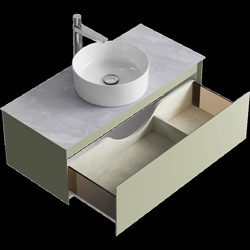 Подвесная тумба с накладным умывальником Aqwella Geometria 100см, с одним ящиком, цвет зеленый шалфей, со столешницей серый камень