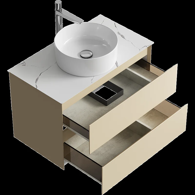 Подвесная тумба с накладным умывальником Aqwella Geometria 81см, с двумя ящиками, цвет морская дюна, со столешницей мрамор белый