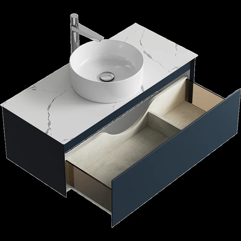 Подвесная тумба с накладным умывальником Aqwella Geometria 100см, с одним ящиком, цвет морская дюна, со столешницей мрамор белый