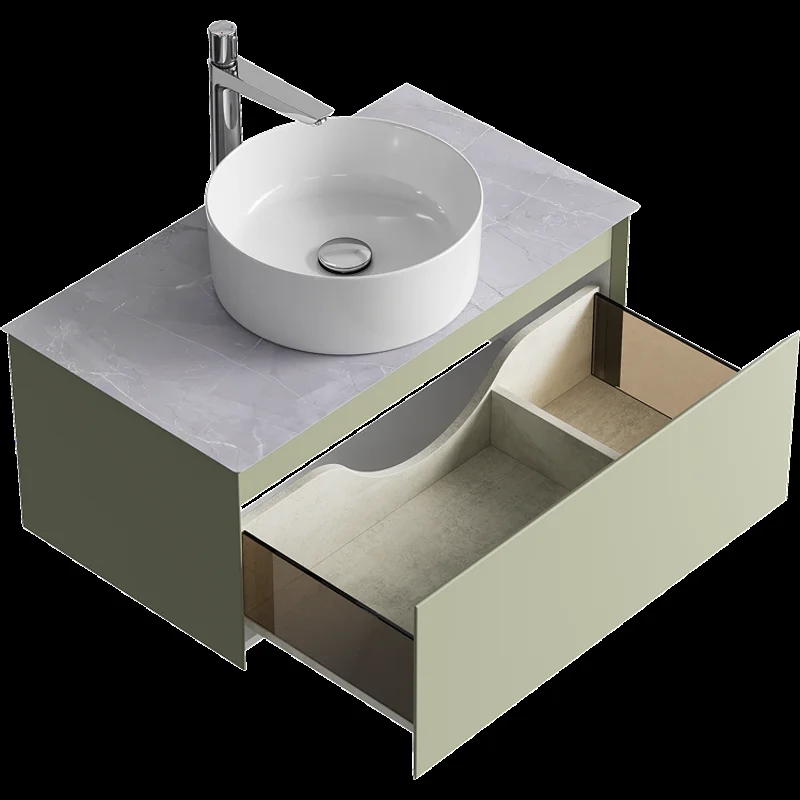 Подвесная тумба с накладным умывальником Aqwella Geometria 81см, с одним ящиком, цвет зеленый шалфей, со столешницей серый камень