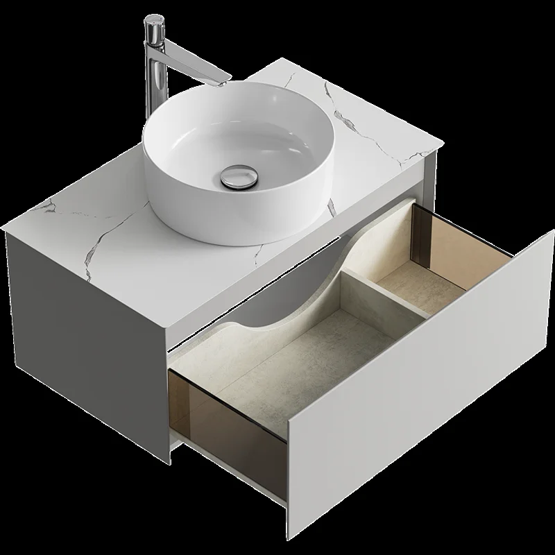 Подвесная тумба с накладным умывальником Aqwella Geometria 81см, с одним ящиком, цвет серый туман, со столешницей мрамор белый