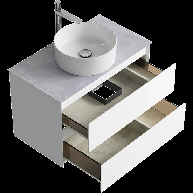 Подвесная тумба с накладным умывальником Aqwella Geometria 81см, с двумя ящиками, цвет белый, со столешницей серый камень
