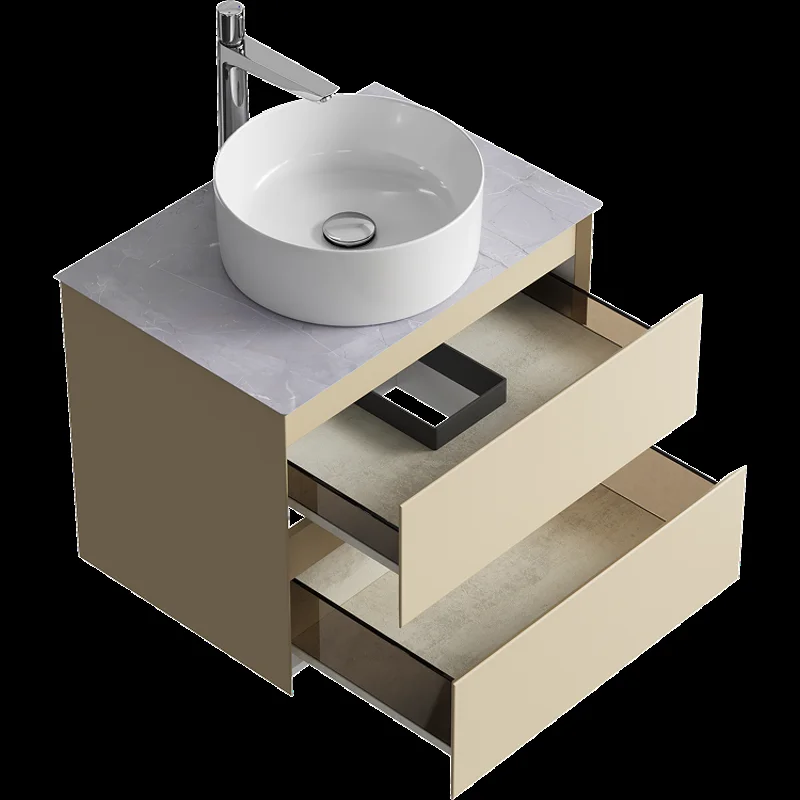 Подвесная тумба с накладным умывальником Aqwella Geometria 65см, с двумя ящиками, цвет морская дюна, со столешницей серый камень