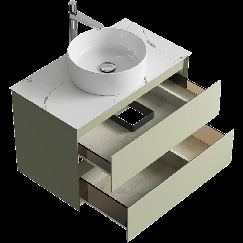 Подвесная тумба с накладным умывальником Aqwella Geometria 81см, с двумя ящиками, цвет зеленый шалфей, со столешницей мрамор белый
