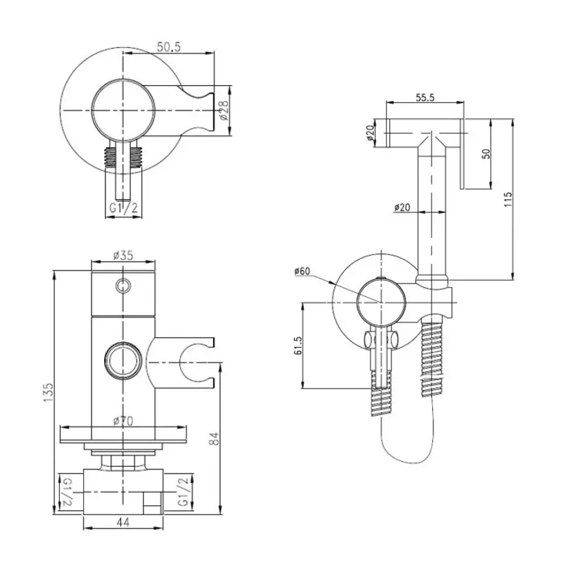 Душ BRAIES B CK-P07B гигиенический со смесителем из латуни BOCH MANN, с шлангом 120 см, цвет ЧЕРНЫЙ