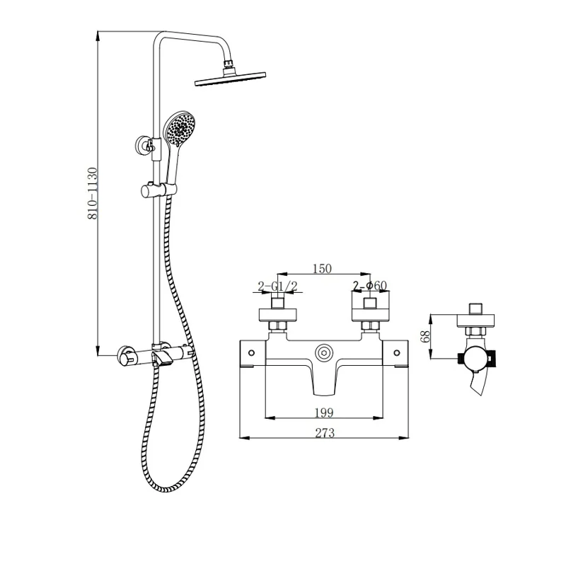 Стойка OGLIO B TS душевая с термостатом BOCH MANN BM9649 (ЧЕРНЫЙ)