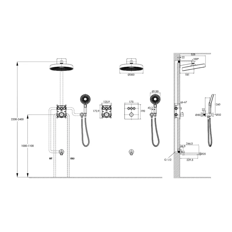 Душевая система встраиваемая с термостатом Bronze de Luxe OMG! 1011GM, графит