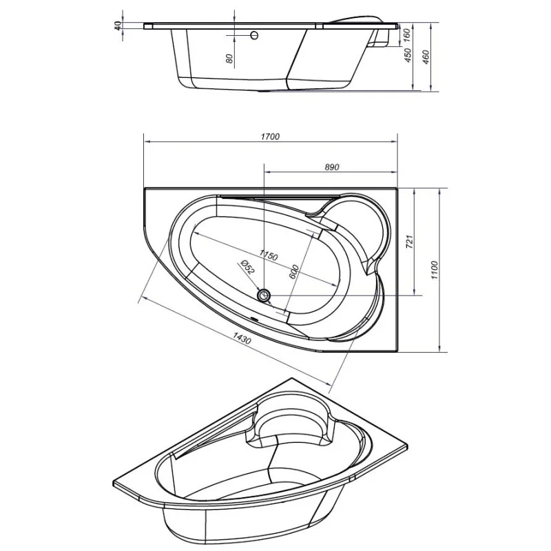 Ванна акриловая Cersanit Kaliope 170 x 110 см, асимметричная, белая, правая
