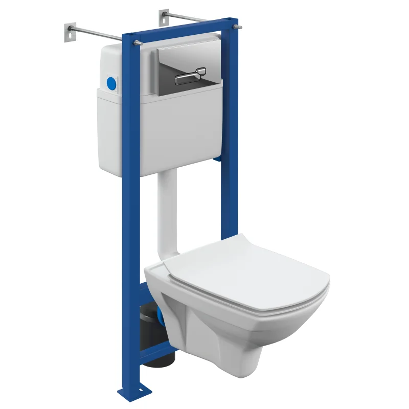 Комплект инсталляция с подвесным унитазом Cersanit Carina 64074 с сиденьем микролифт и клавишей смыва хром глянец