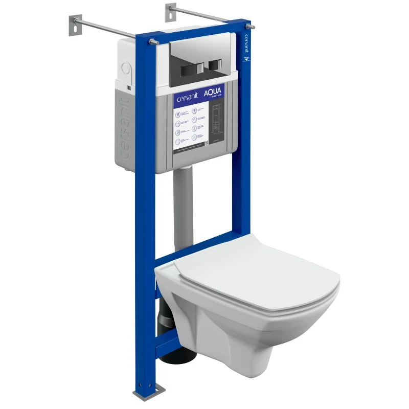 Инсталляция Cersanit Aqua Smart M40 кнопка Movi пластик, хром глянцевый, с унитазом Cersanit Carina 63486 XL CO DPL EO slim, микролифт