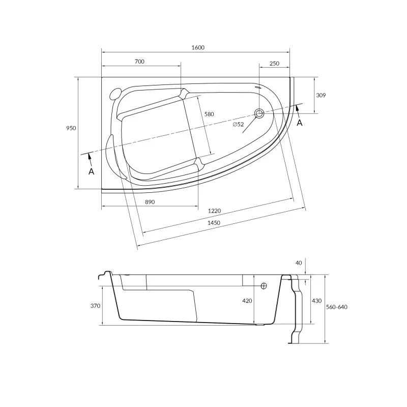 Ванна акриловая Cersanit Joanna 160 x 95 см, асимметричная, белая, правая