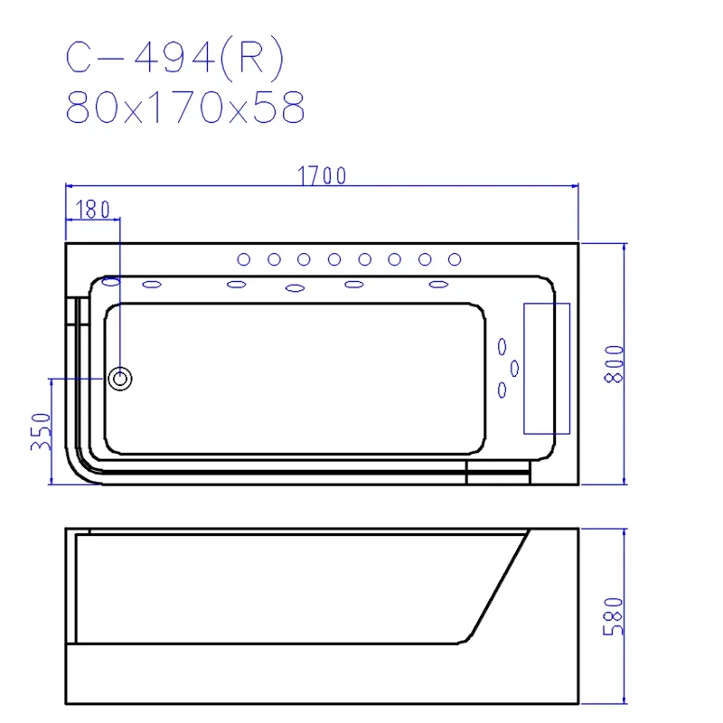 Ванна C-494-17R акриловая гидромассажная Ceruttispa (1700x800x580)