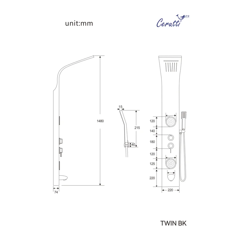Панель TWIN BR душевая из нержавеющей стали с форсунками Ceruttispa CT9988, цвет матовая нержавеющая сталь