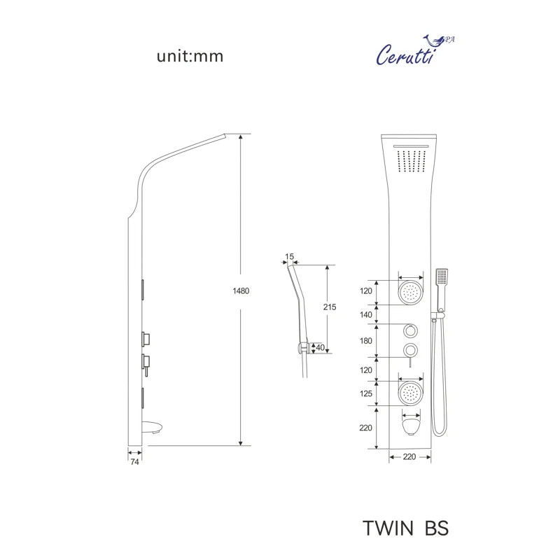 Панель TWIN BS душевая из нержавеющей стали с форсунками Ceruttispa CT9986, цвет хром