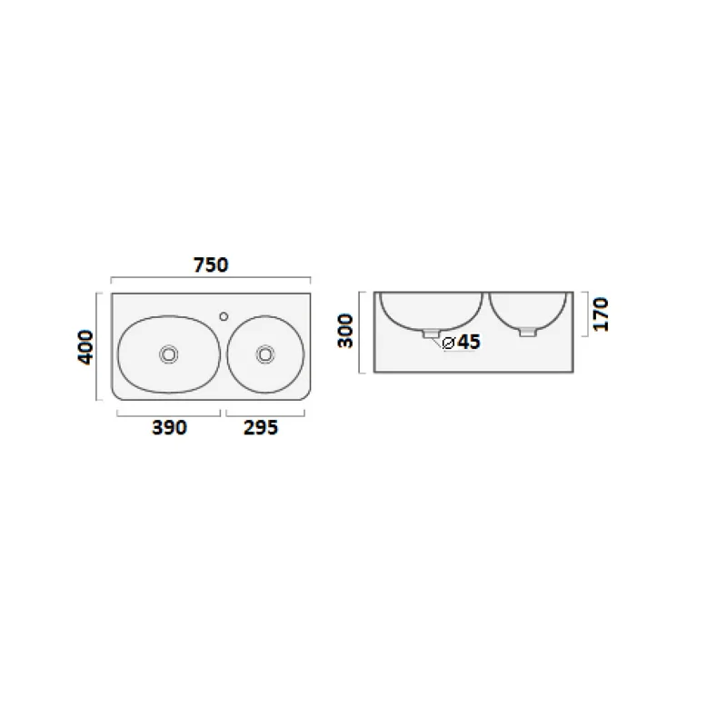 Раковина Double BRENTA (750х400х300) двойная подвесная Ceruttispa