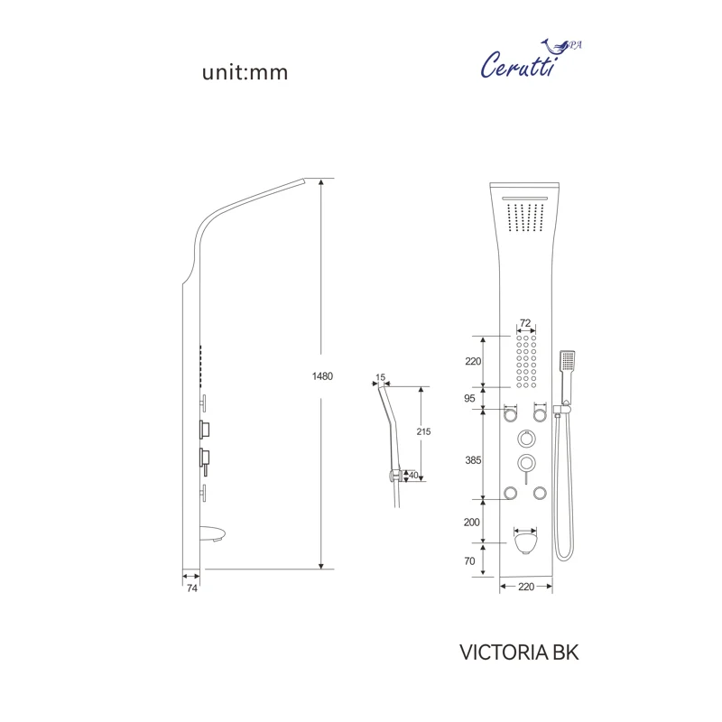 Панель VICTORIA BK  душевая из нержавеющей стали с форсунками Ceruttispa CT9981, цвет черный