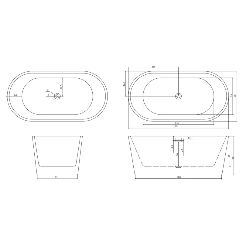 Ванна RESIA160 акриловая отдельностоящая Ceruttispa (1600x750x560) 