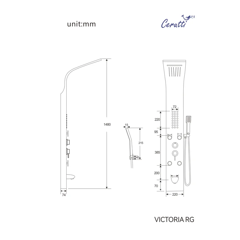 Панель VICTORIA RG душевая из нержавеющей стали с форсунками Ceruttispa CT9977, цвет розовое золото