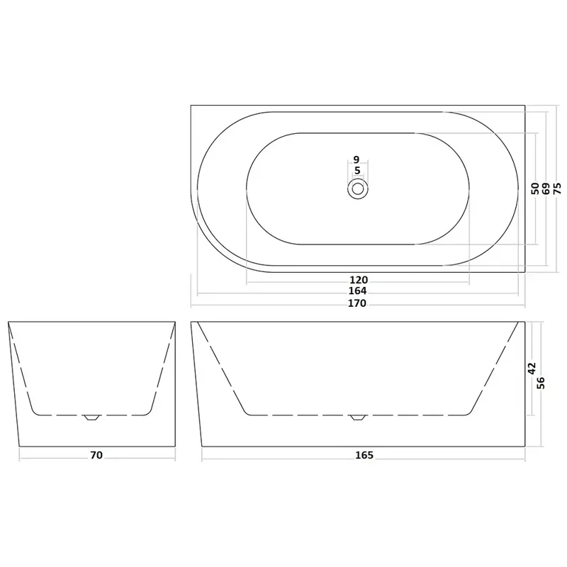 Ванна AMI R акриловая приставная Ceruttispa (1700x750x560)