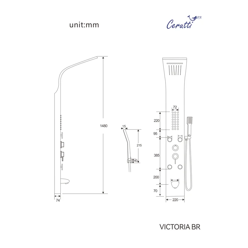 Панель VICTORIA BR душевая из нержавеющей стали с форсунками Ceruttispa CT9980, цвет матовая нержавеющая сталь
