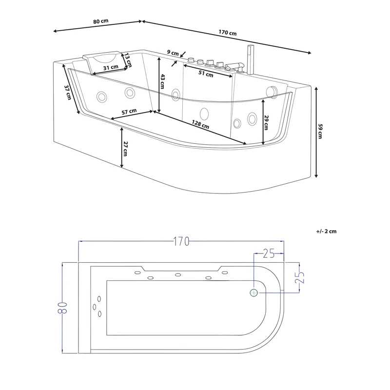 Ванна C-403A R акриловая гидромассажная Ceruttispa (1700x800x580) 