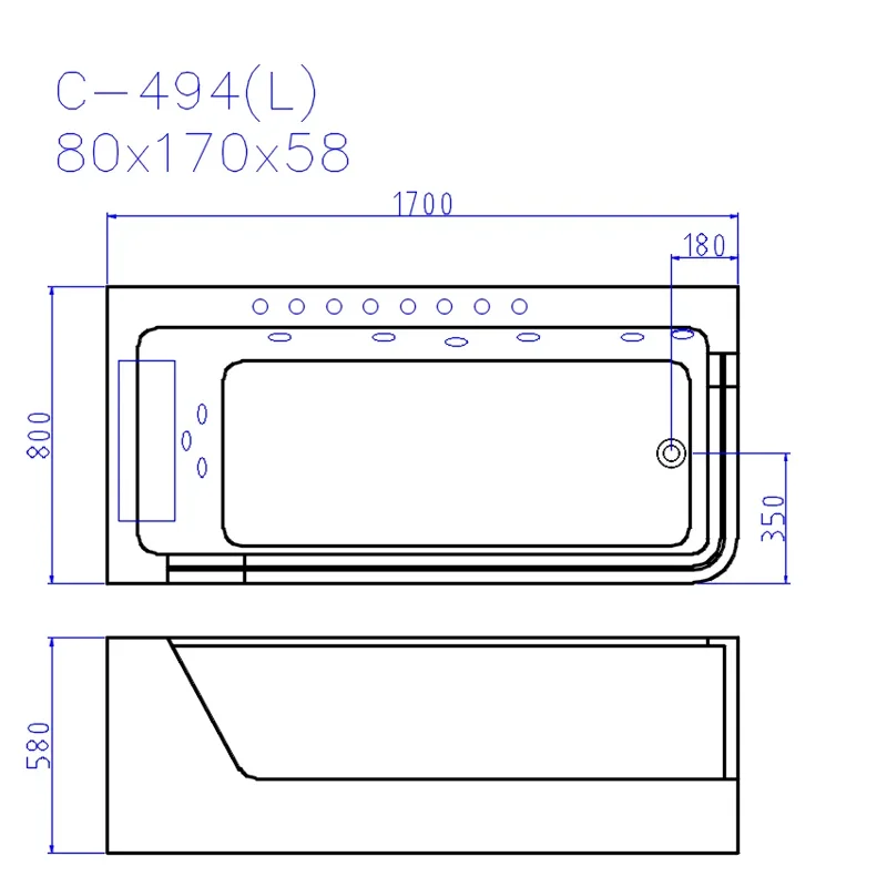 Ванна C-494-17L акриловая гидромассажная Ceruttispa (1700x800x580)