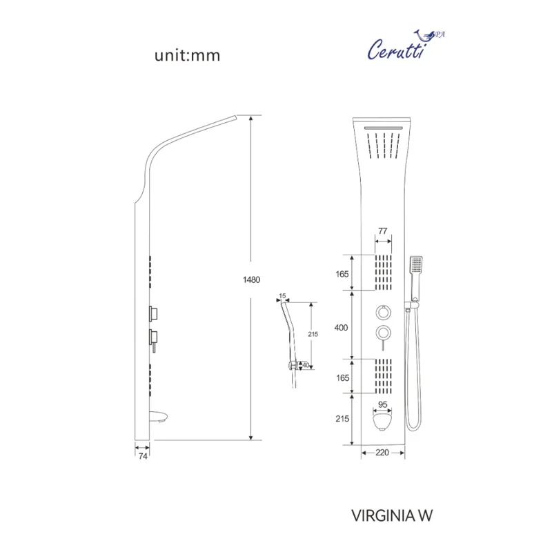Панель VIRGINIA W душевая из нержавеющей стали с форсунками Ceruttispa CT9990, цвет белый