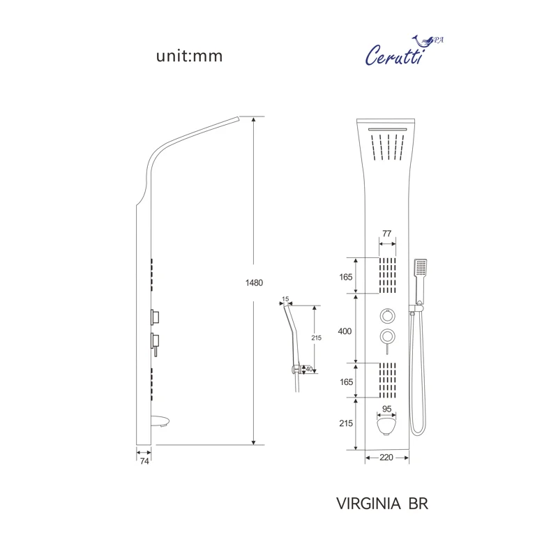 Панель VIRGINIA BR душевая из нержавеющей стали с форсунками Ceruttispa CT9983, цвет матовая нержавеющая сталь