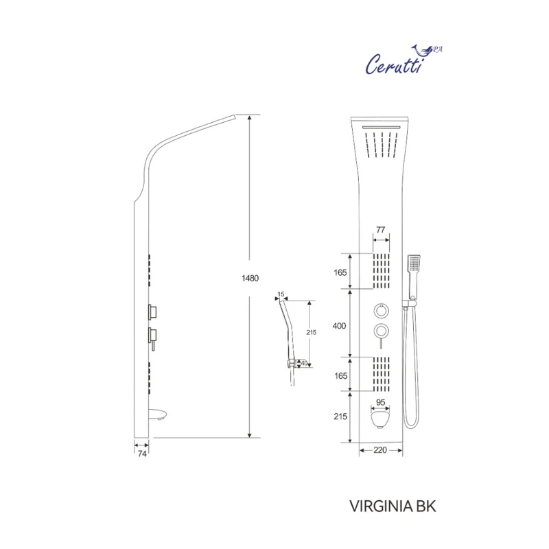 Панель VIRGINIA BK душевая из нержавеющей стали с форсунками Ceruttispa CT9989, цвет черный
