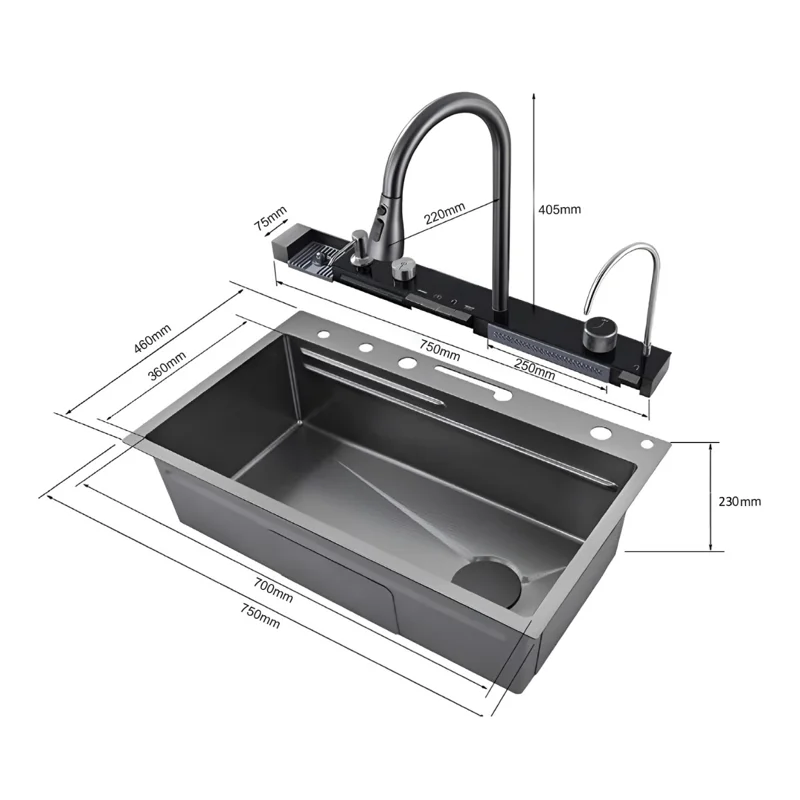 Многофункциональная мойка GLORIA II nano black (серая) из нержавеющей стали, кухонная (750х460х230) Ceruttispa