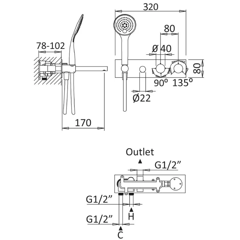 Встраиваемый термостатический смеситель для ванны и душа однорычажный Cezares CZR-B-VDM1-T-NOP