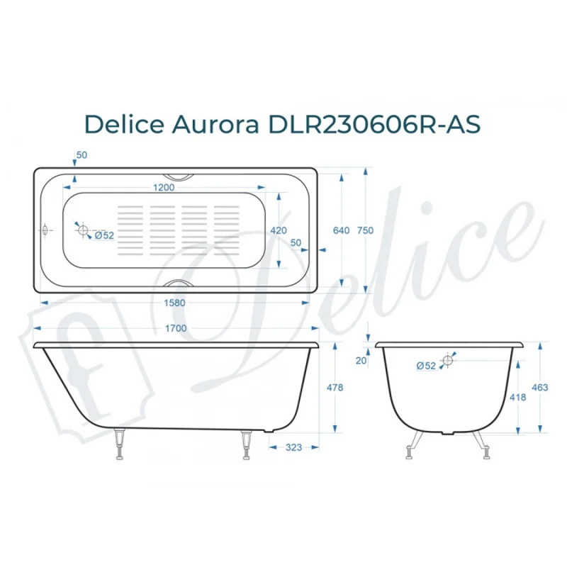 Ванна чугунная Delice Aurora 170х75 с отверстиями под ручки и антискользящим покрытием DLR230606R-AS