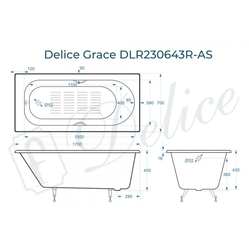 Ванна чугунная Delice Grace 170х70 с отверстиями под ручки и антискользящим покрытием DLR230643R-AS