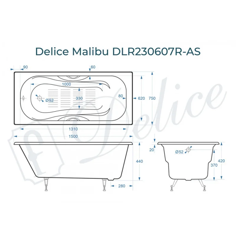 Ванна чугунная Delice Malibu 150х75 с отверстиями под ручки и антискользящим покрытием DLR230607R-AS