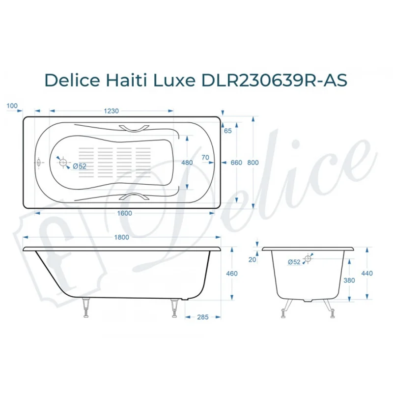 Ванна чугунная Delice Haiti Luxe 180х80 с отверстиями под ручки и антискользящим покрытием DLR230639R-AS