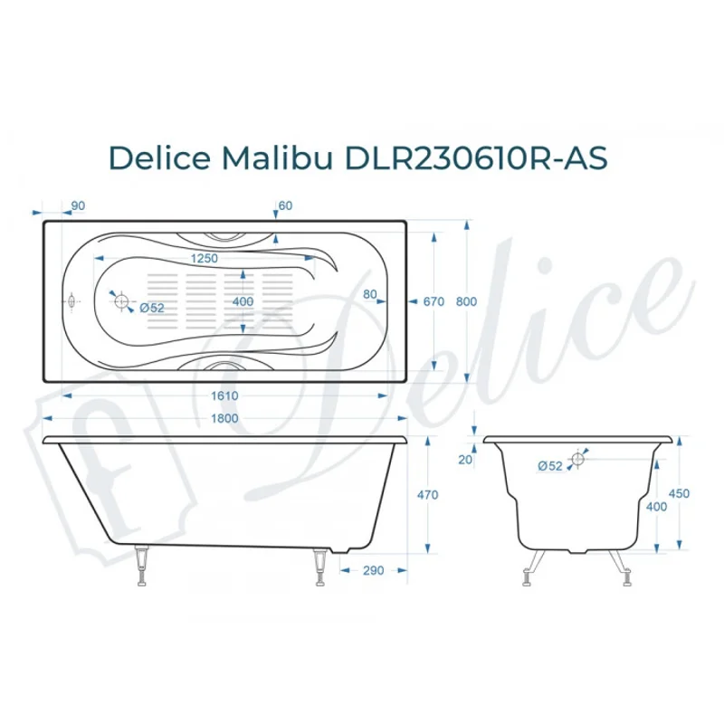 Ванна чугунная Delice Malibu 180х80 с отверстиями под ручки и антискользящим покрытием DLR230610R-AS