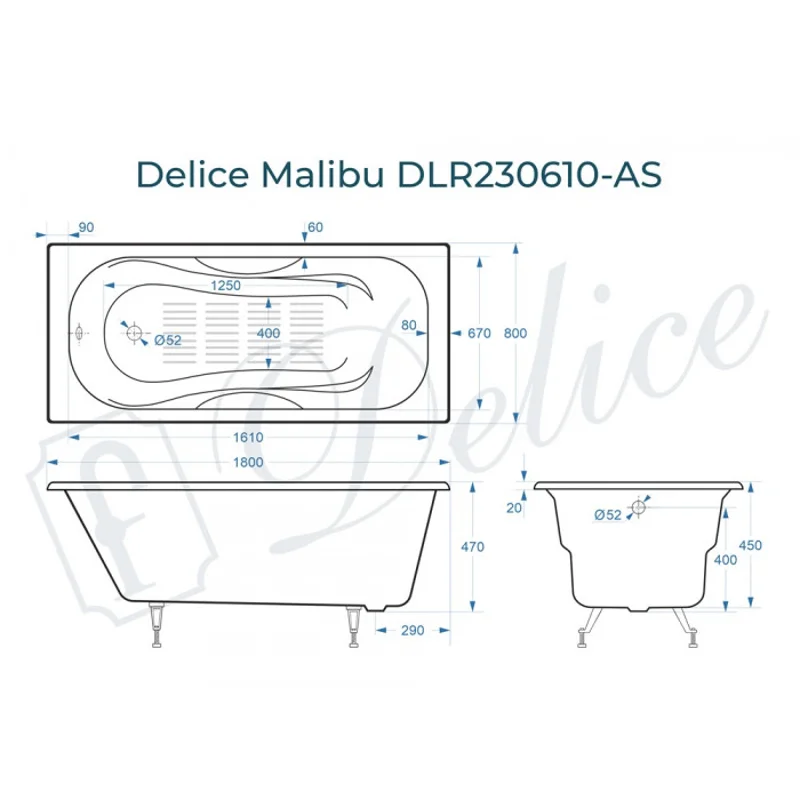 Ванна чугунная Delice Malibu 180х80 с антискользящим покрытием DLR230610-AS